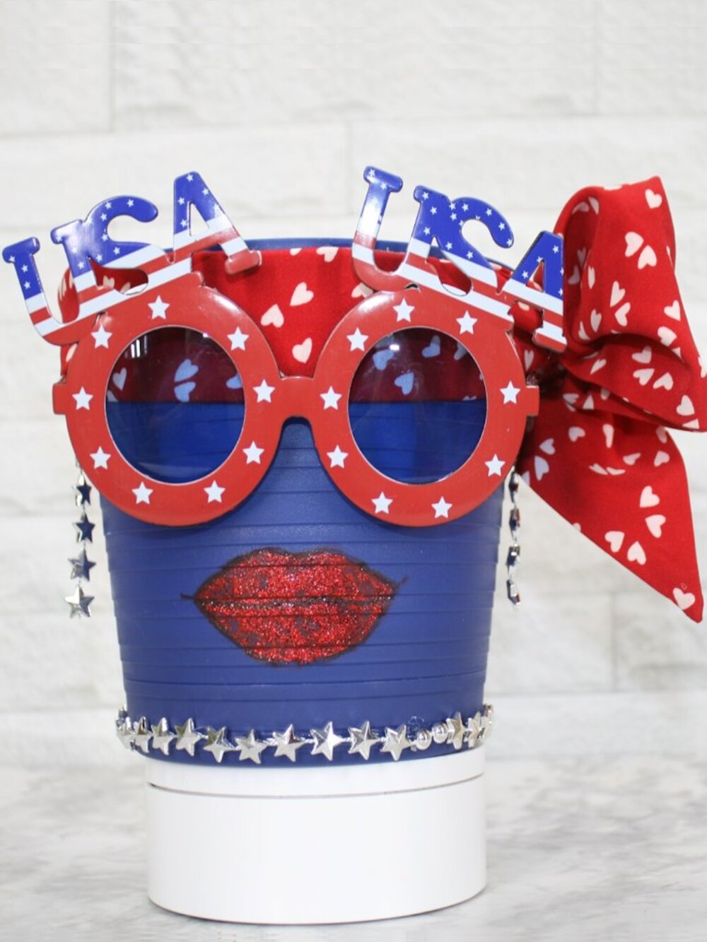 HAND CRAFTED Pot Head Patriotic USA Planter Upcycled Fourth of July Blue
